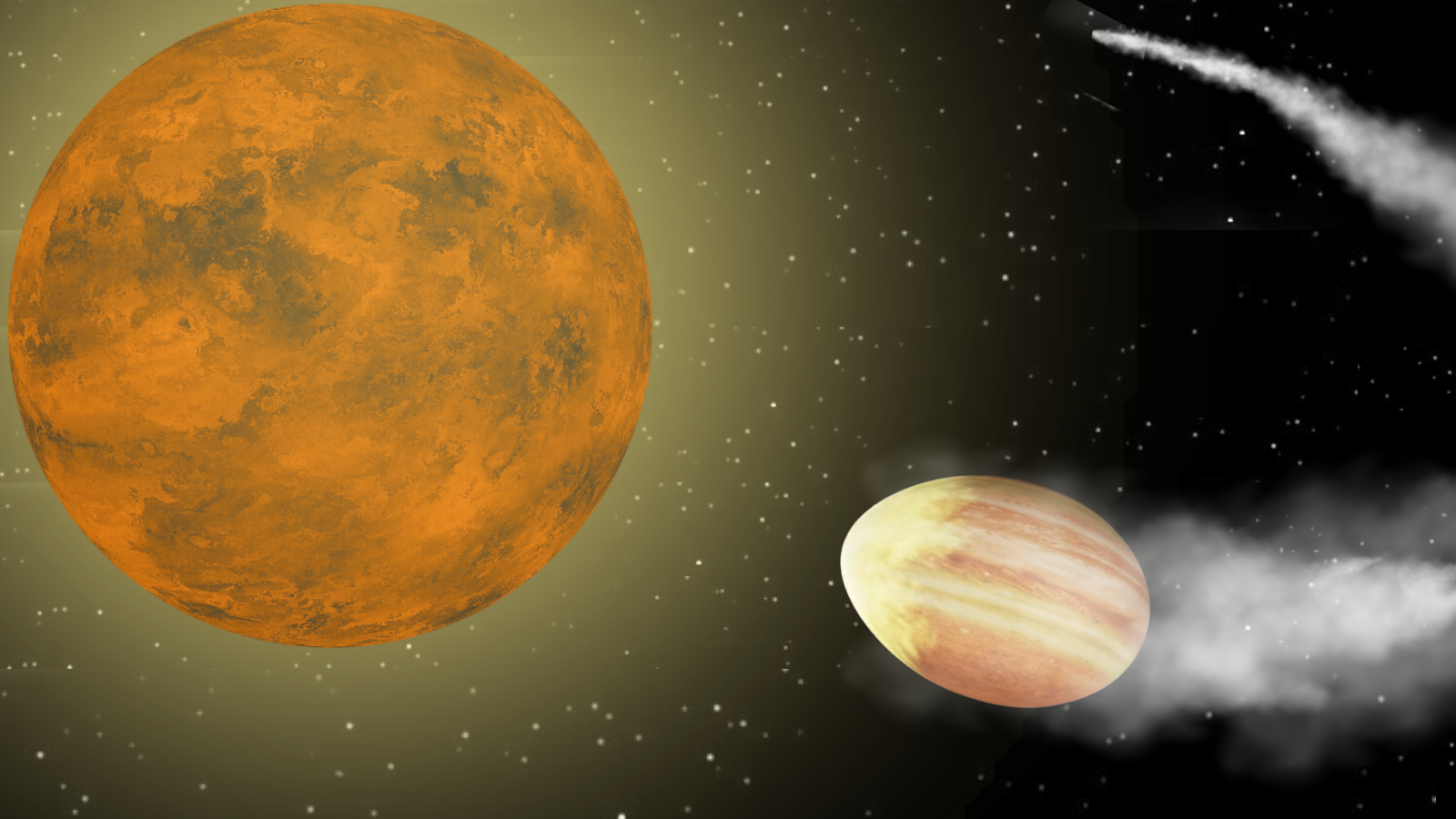 Illustration of WASP-12 b’s stretched atmosphere as it orbits closely. 