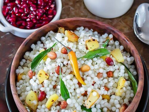 Close-up of perfectly cooked Sabudana Khichdi with peanuts and potatoes 