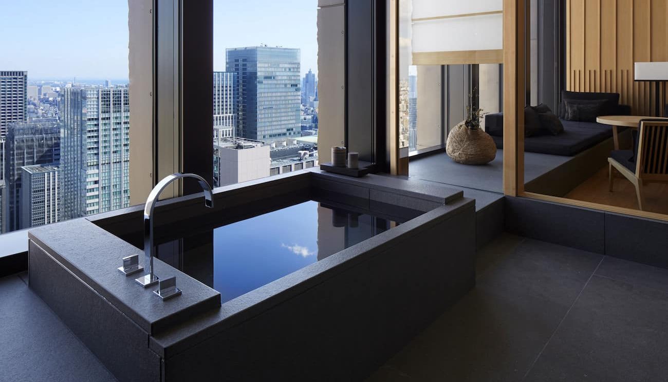 The serene lobby of Aman Tokyo featuring minimalist Japanese design